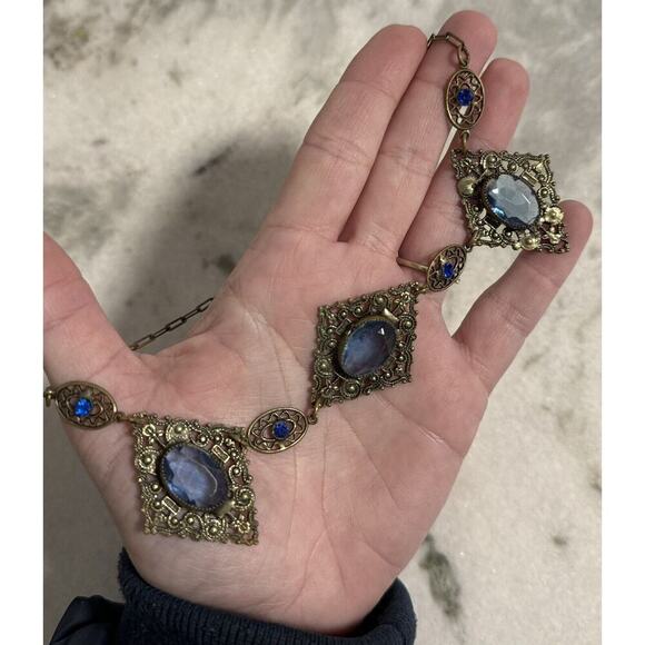 Antique Victorian Czech Blue Glass Filigree Bib Choker Necklace - Picture 13 of 14